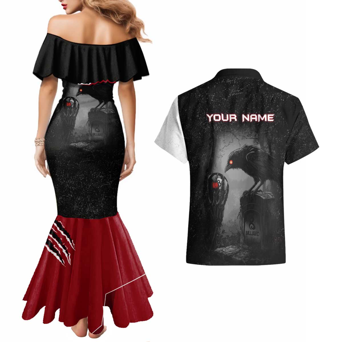 Personalized Raven Billiards Couples Matching Mermaid Dress and Hawaiian Shirt with Dark Cemetery Scene and Red Eye Crow Artwork - Wonder Print Shop