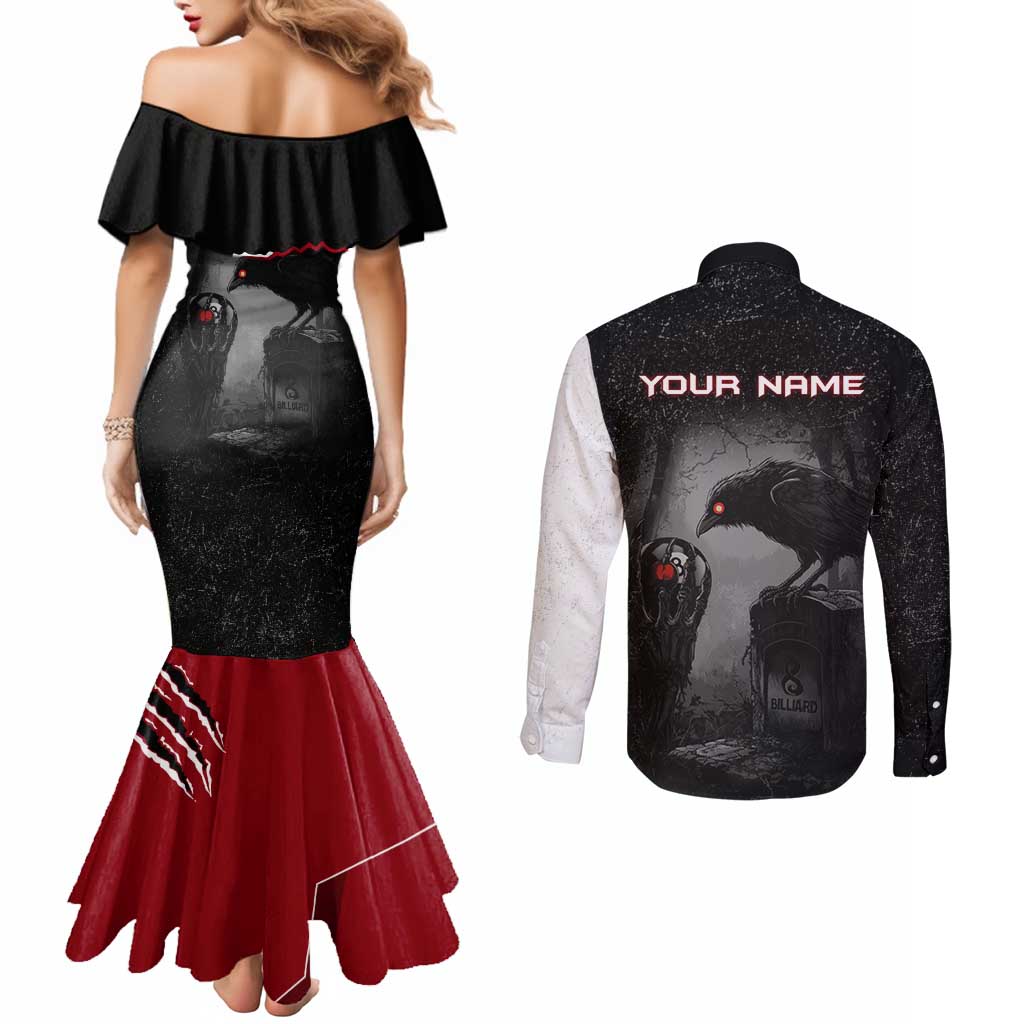Personalized Raven Billiards Couples Matching Mermaid Dress and Long Sleeve Button Shirt with Dark Cemetery Scene and Red Eye Crow Artwork - Wonder Print Shop