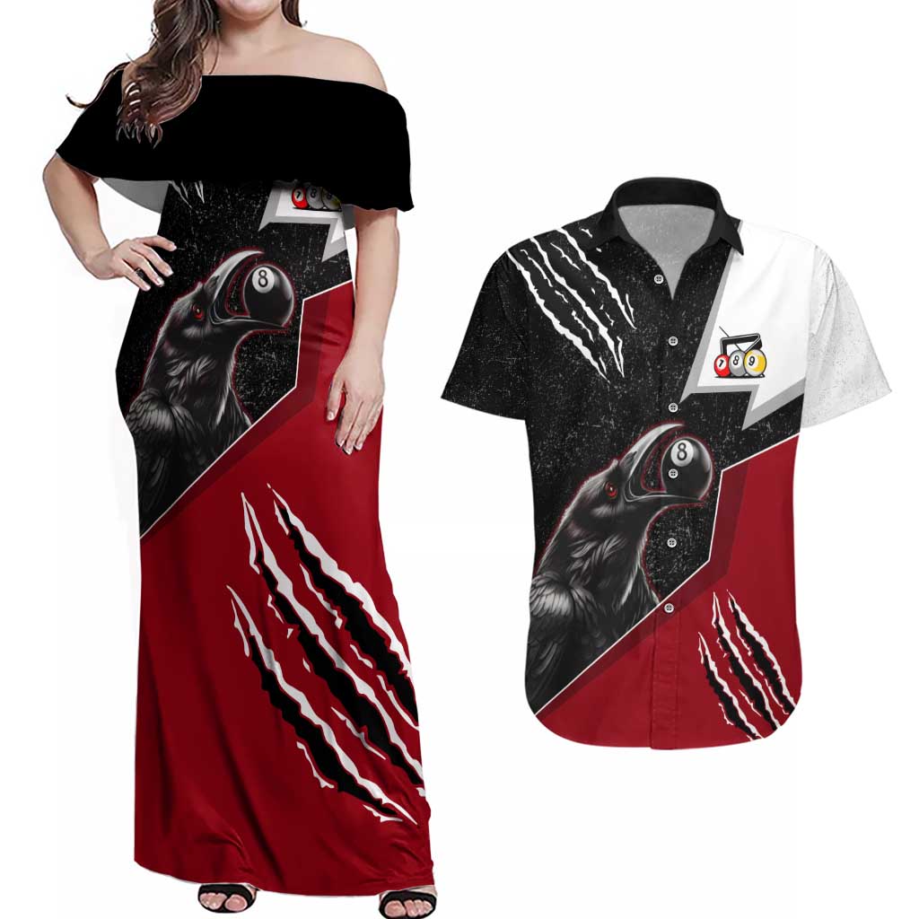 Personalized Raven Billiards Couples Matching Off Shoulder Maxi Dress and Hawaiian Shirt with Dark Cemetery Scene and Red Eye Crow Artwork - Wonder Print Shop