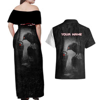 Personalized Raven Billiards Couples Matching Off Shoulder Maxi Dress and Hawaiian Shirt with Dark Cemetery Scene and Red Eye Crow Artwork - Wonder Print Shop