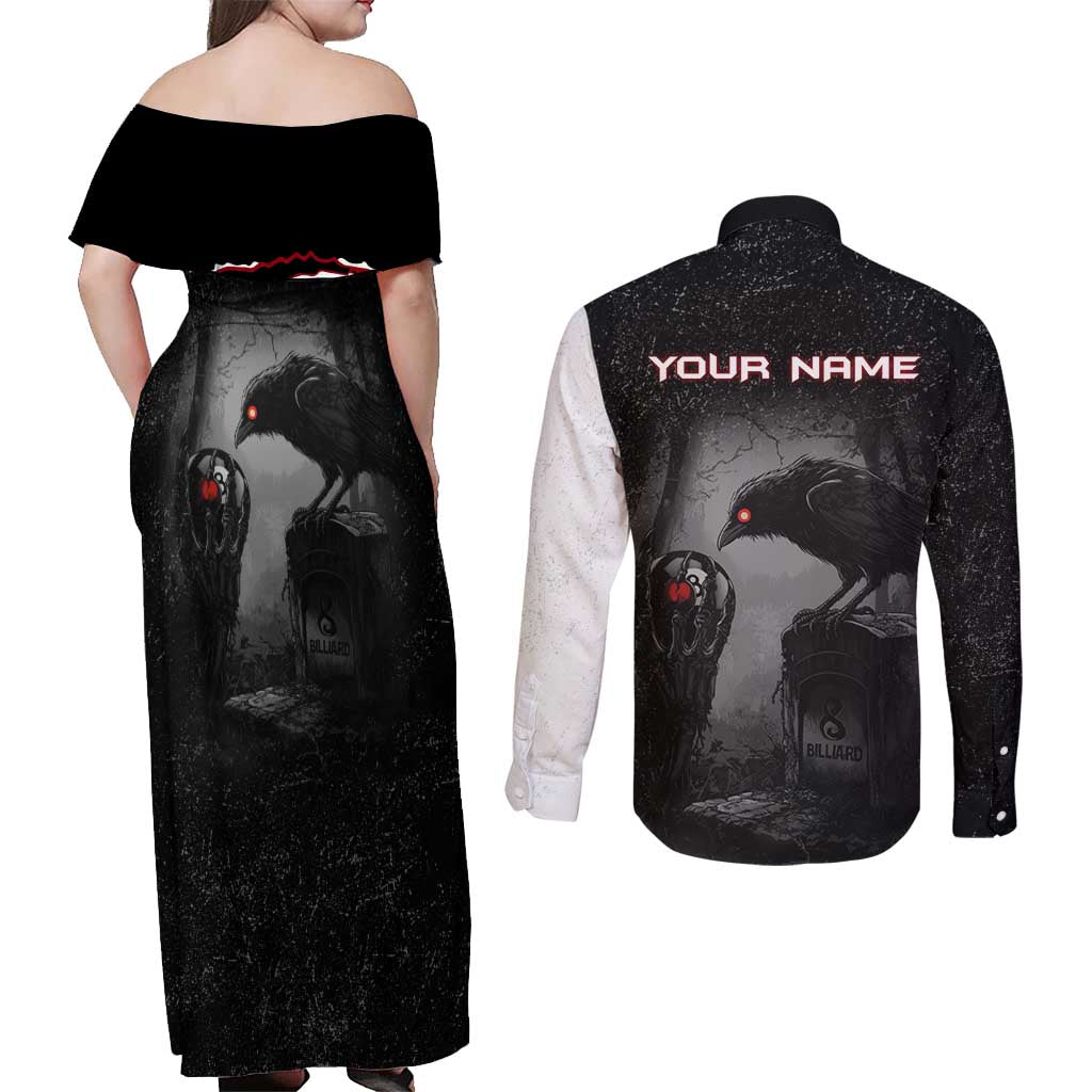 Personalized Raven Billiards Couples Matching Off Shoulder Maxi Dress and Long Sleeve Button Shirt with Dark Cemetery Scene and Red Eye Crow Artwork - Wonder Print Shop