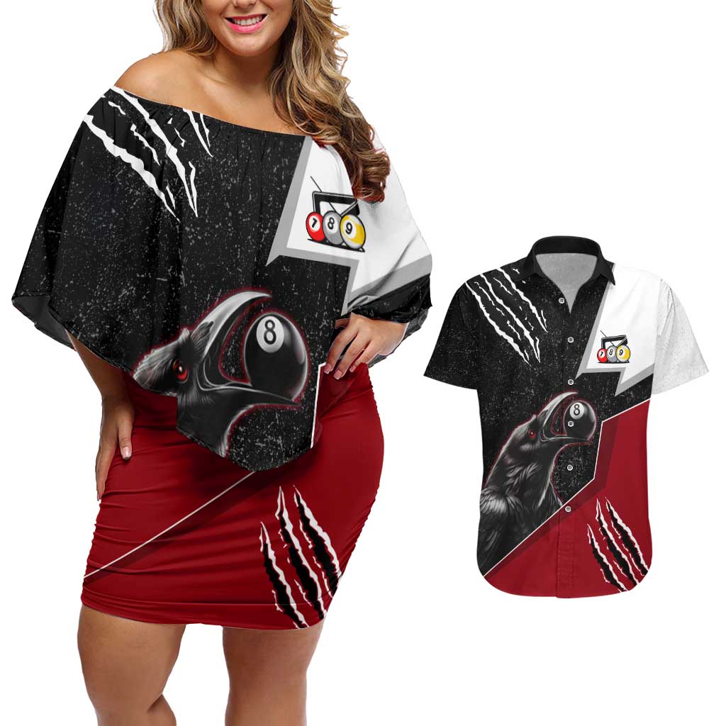 Personalized Raven Billiards Couples Matching Off Shoulder Short Dress and Hawaiian Shirt with Dark Cemetery Scene and Red Eye Crow Artwork - Wonder Print Shop