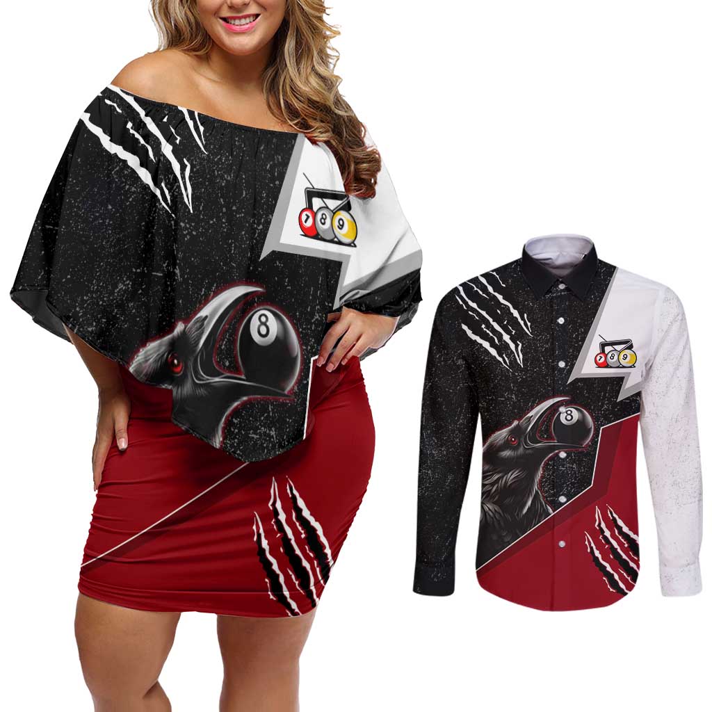 Personalized Raven Billiards Couples Matching Off Shoulder Short Dress and Long Sleeve Button Shirt with Dark Cemetery Scene and Red Eye Crow Artwork - Wonder Print Shop