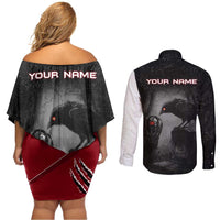 Personalized Raven Billiards Couples Matching Off Shoulder Short Dress and Long Sleeve Button Shirt with Dark Cemetery Scene and Red Eye Crow Artwork - Wonder Print Shop