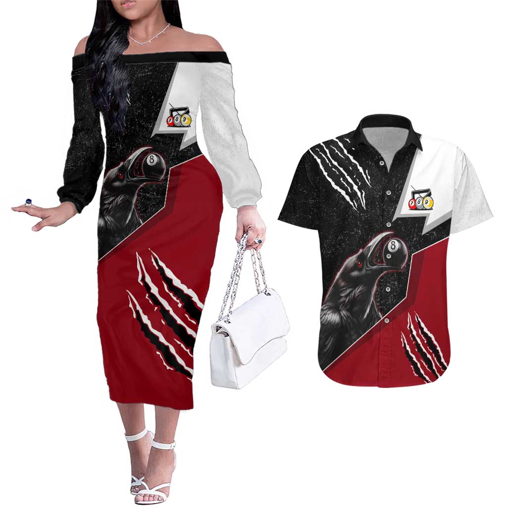 Personalized Raven Billiards Couples Matching Off The Shoulder Long Sleeve Dress and Hawaiian Shirt with Dark Cemetery Scene and Red Eye Crow Artwork - Wonder Print Shop
