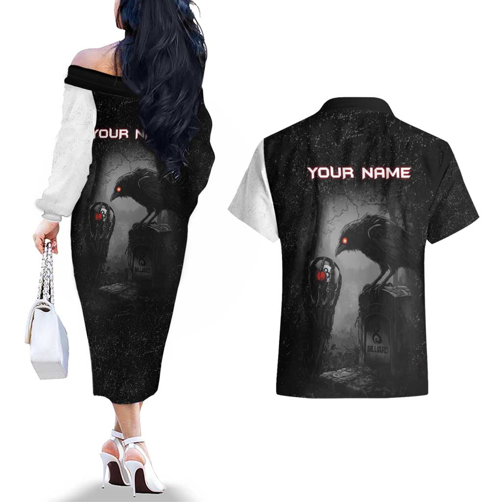 Personalized Raven Billiards Couples Matching Off The Shoulder Long Sleeve Dress and Hawaiian Shirt with Dark Cemetery Scene and Red Eye Crow Artwork - Wonder Print Shop
