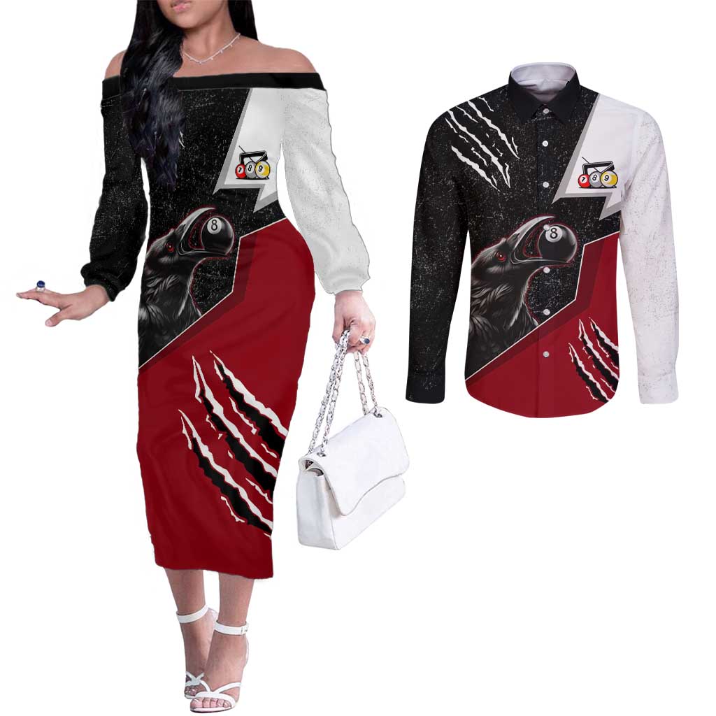 Personalized Raven Billiards Couples Matching Off The Shoulder Long Sleeve Dress and Long Sleeve Button Shirt with Dark Cemetery Scene and Red Eye Crow Artwork - Wonder Print Shop