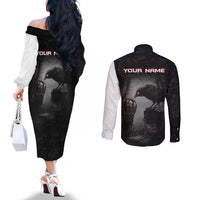 Personalized Raven Billiards Couples Matching Off The Shoulder Long Sleeve Dress and Long Sleeve Button Shirt with Dark Cemetery Scene and Red Eye Crow Artwork - Wonder Print Shop