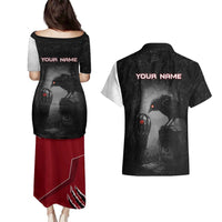Personalized Raven Billiards Couples Matching Puletasi and Hawaiian Shirt with Dark Cemetery Scene and Red Eye Crow Artwork - Wonder Print Shop