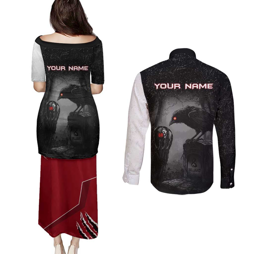 Personalized Raven Billiards Couples Matching Puletasi and Long Sleeve Button Shirt with Dark Cemetery Scene and Red Eye Crow Artwork - Wonder Print Shop