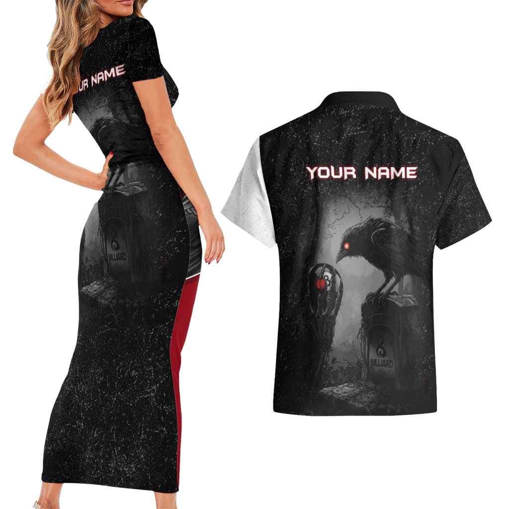 Personalized Raven Billiards Couples Matching Short Sleeve Bodycon Dress and Hawaiian Shirt with Dark Cemetery Scene and Red Eye Crow Artwork - Wonder Print Shop