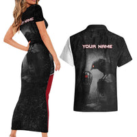 Personalized Raven Billiards Couples Matching Short Sleeve Bodycon Dress and Hawaiian Shirt with Dark Cemetery Scene and Red Eye Crow Artwork - Wonder Print Shop
