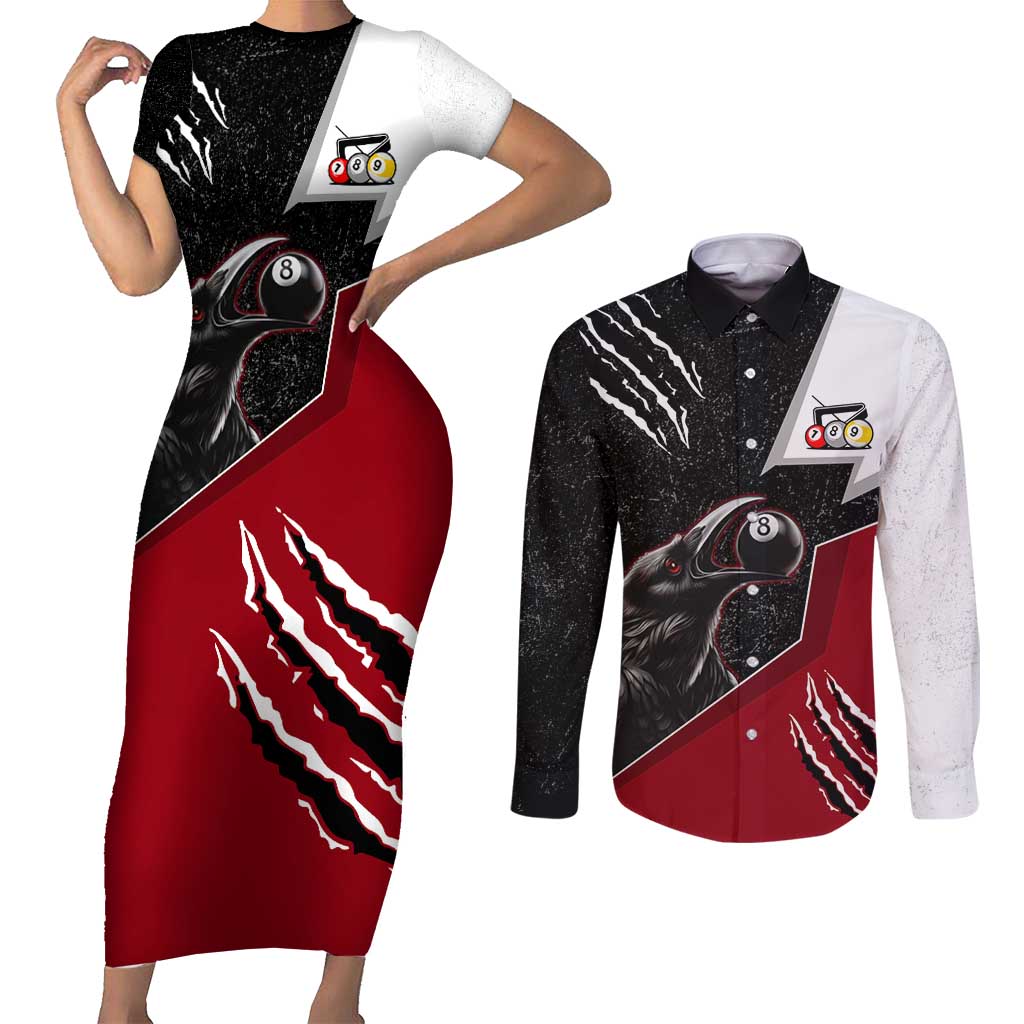 Personalized Raven Billiards Couples Matching Short Sleeve Bodycon Dress and Long Sleeve Button Shirt with Dark Cemetery Scene and Red Eye Crow Artwork - Wonder Print Shop