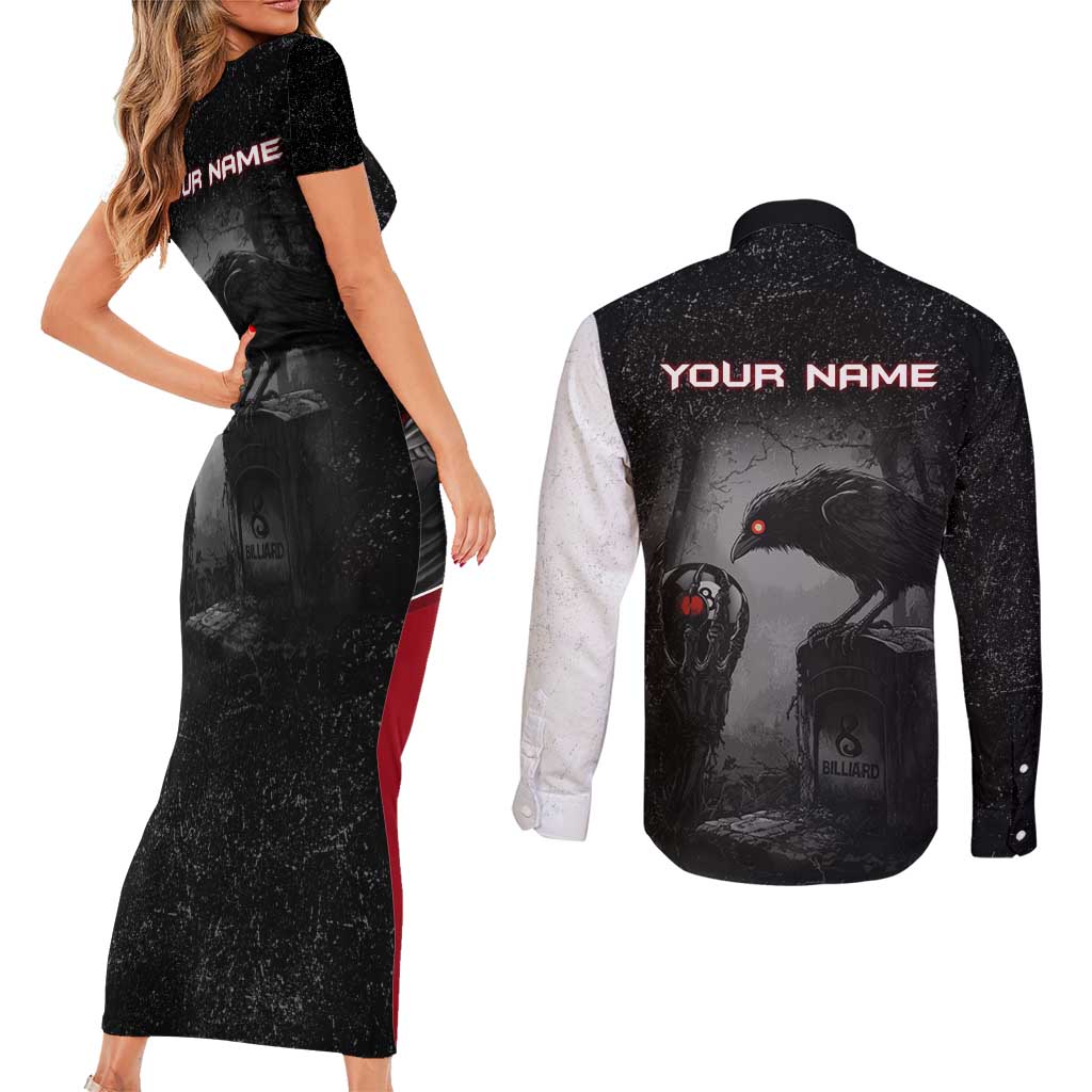 Personalized Raven Billiards Couples Matching Short Sleeve Bodycon Dress and Long Sleeve Button Shirt with Dark Cemetery Scene and Red Eye Crow Artwork - Wonder Print Shop