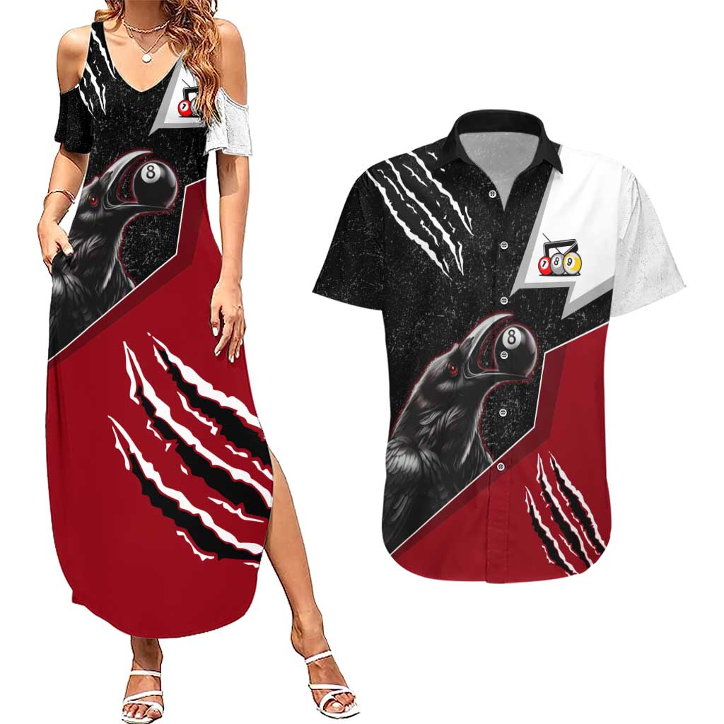 Personalized Raven Billiards Couples Matching Summer Maxi Dress and Hawaiian Shirt with Dark Cemetery Scene and Red Eye Crow Artwork - Wonder Print Shop