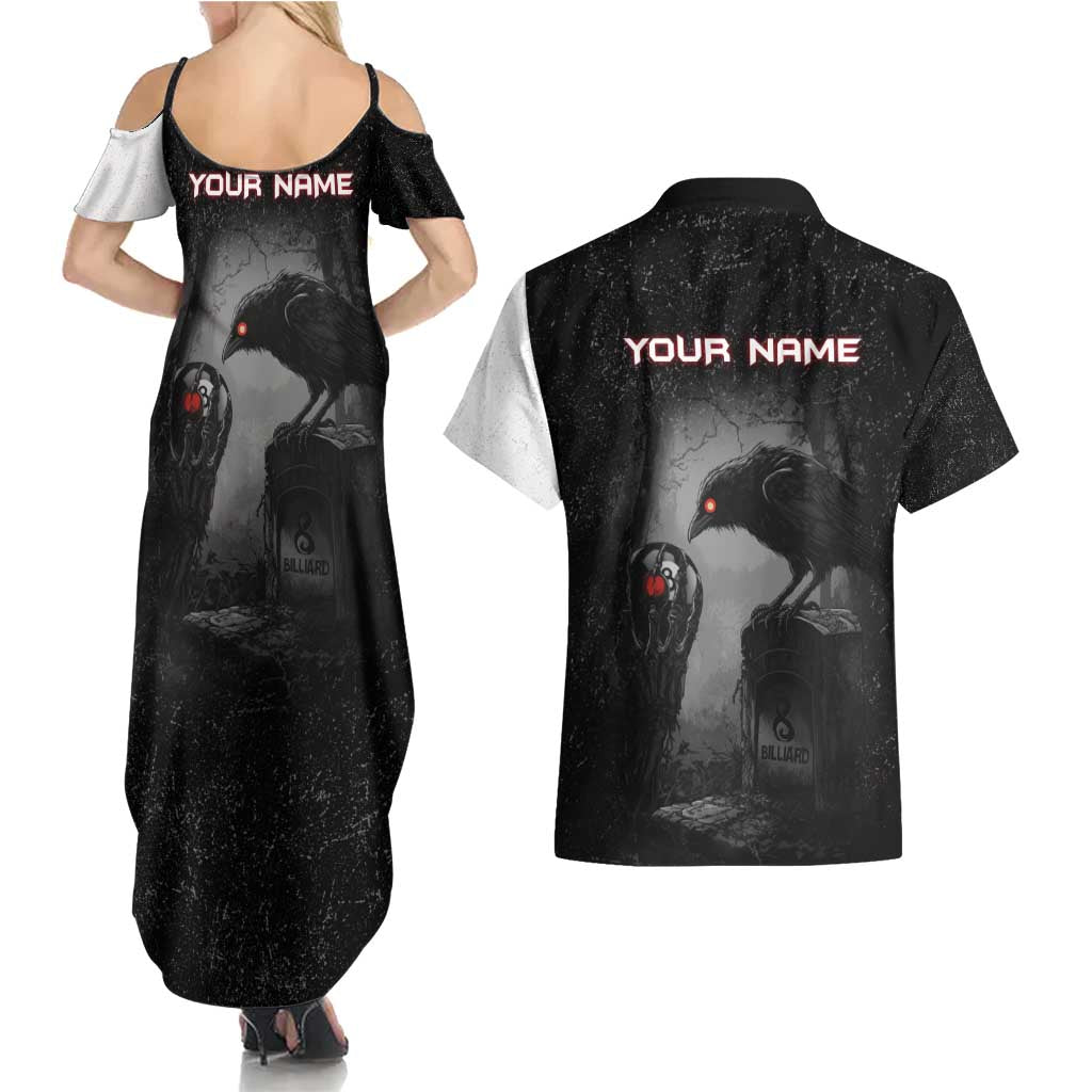 Personalized Raven Billiards Couples Matching Summer Maxi Dress and Hawaiian Shirt with Dark Cemetery Scene and Red Eye Crow Artwork - Wonder Print Shop