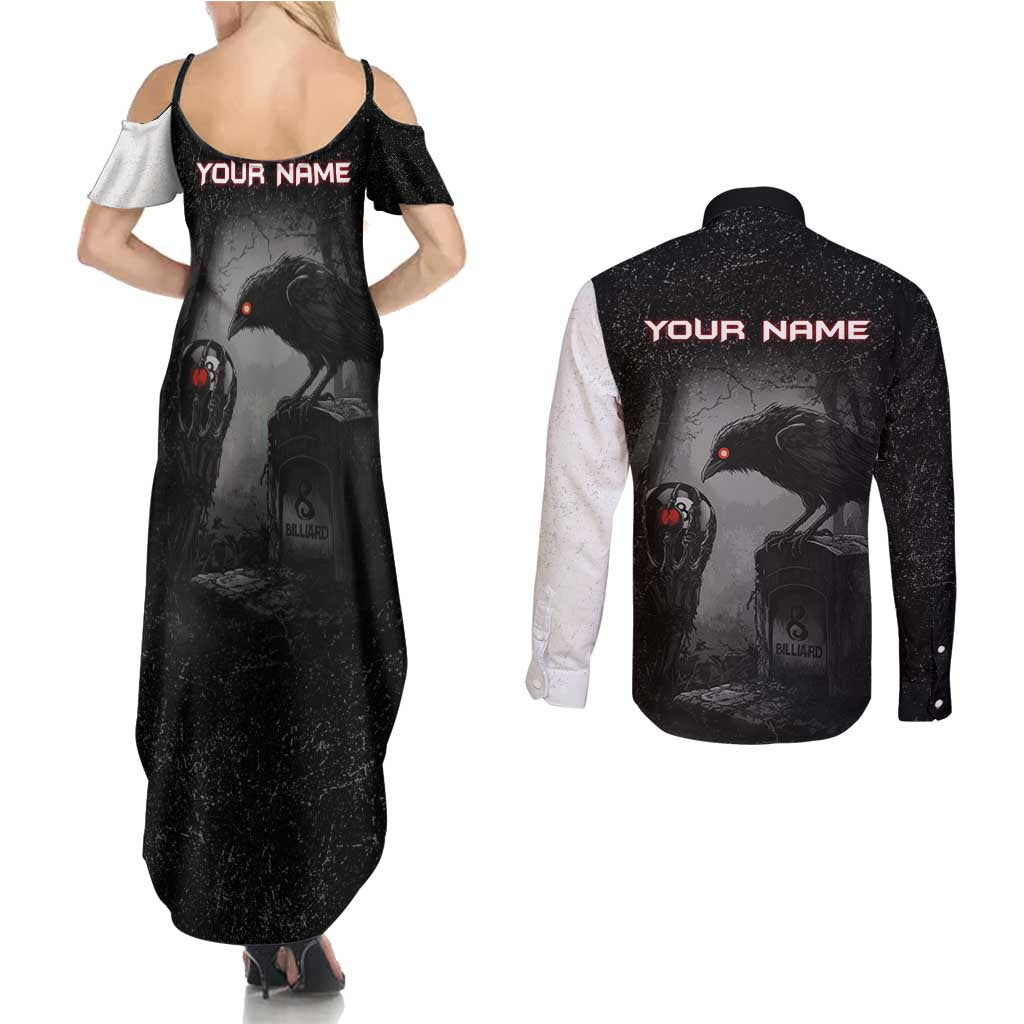 Personalized Raven Billiards Couples Matching Summer Maxi Dress and Long Sleeve Button Shirt with Dark Cemetery Scene and Red Eye Crow Artwork - Wonder Print Shop