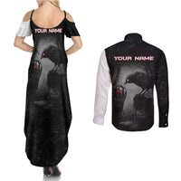 Personalized Raven Billiards Couples Matching Summer Maxi Dress and Long Sleeve Button Shirt with Dark Cemetery Scene and Red Eye Crow Artwork - Wonder Print Shop