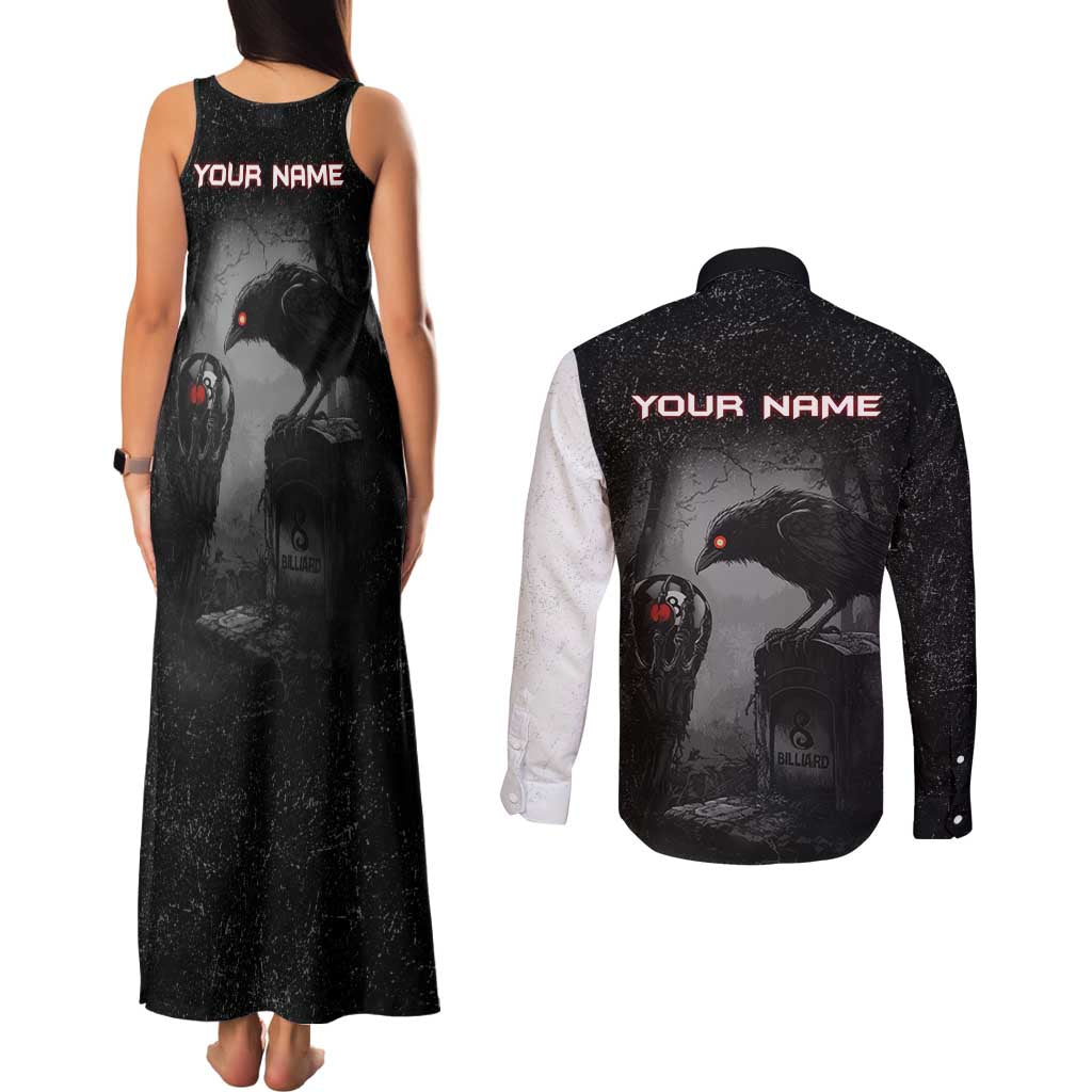Personalized Raven Billiards Couples Matching Tank Maxi Dress and Long Sleeve Button Shirt with Dark Cemetery Scene and Red Eye Crow Artwork - Wonder Print Shop