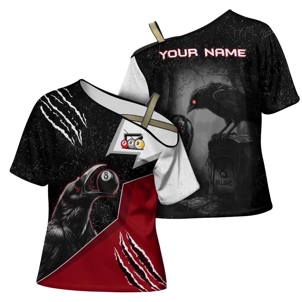 Personalized Raven Billiards Cross Shoulder Shirt with Dark Cemetery Scene and Red Eye Crow Artwork - Wonder Print Shop
