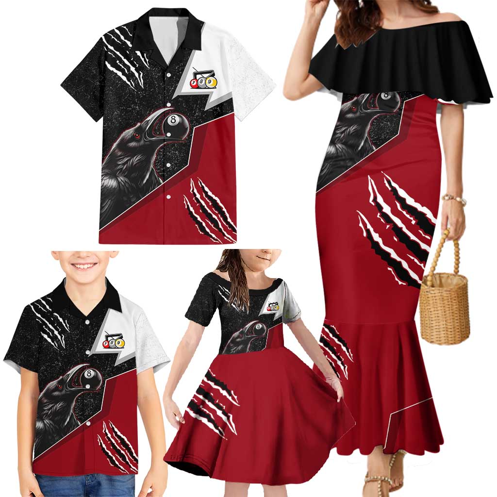 Personalized Raven Billiards Family Matching Mermaid Dress and Hawaiian Shirt with Dark Cemetery Scene and Red Eye Crow Artwork - Wonder Print Shop