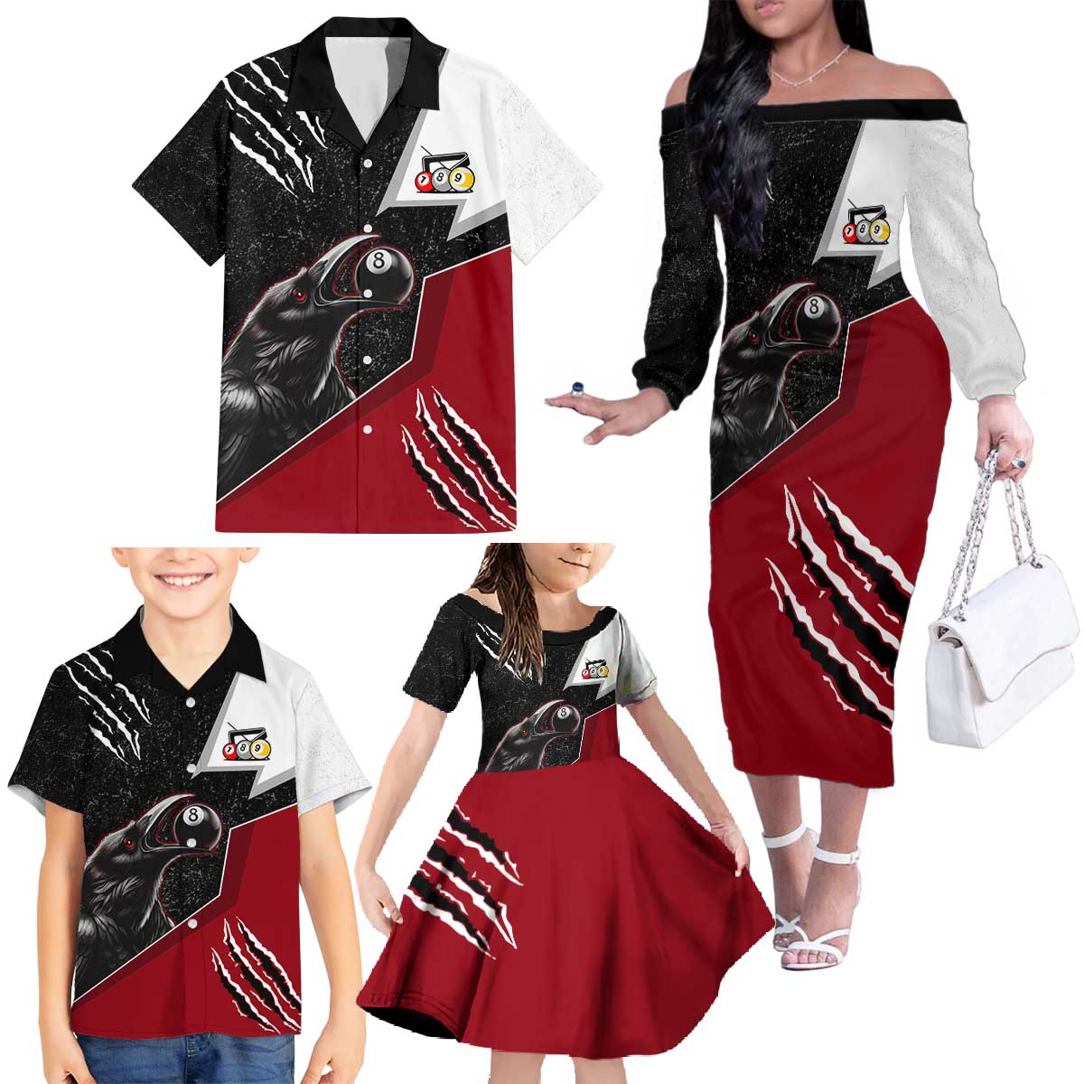 Personalized Raven Billiards Family Matching Off The Shoulder Long Sleeve Dress and Hawaiian Shirt with Dark Cemetery Scene and Red Eye Crow Artwork - Wonder Print Shop