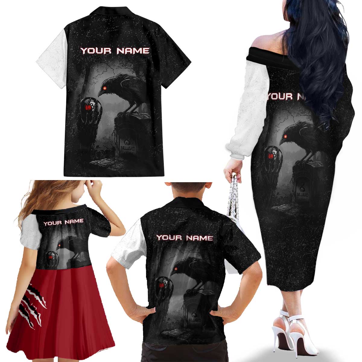 Personalized Raven Billiards Family Matching Off The Shoulder Long Sleeve Dress and Hawaiian Shirt with Dark Cemetery Scene and Red Eye Crow Artwork - Wonder Print Shop
