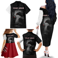 Personalized Raven Billiards Family Matching Off The Shoulder Long Sleeve Dress and Hawaiian Shirt with Dark Cemetery Scene and Red Eye Crow Artwork - Wonder Print Shop