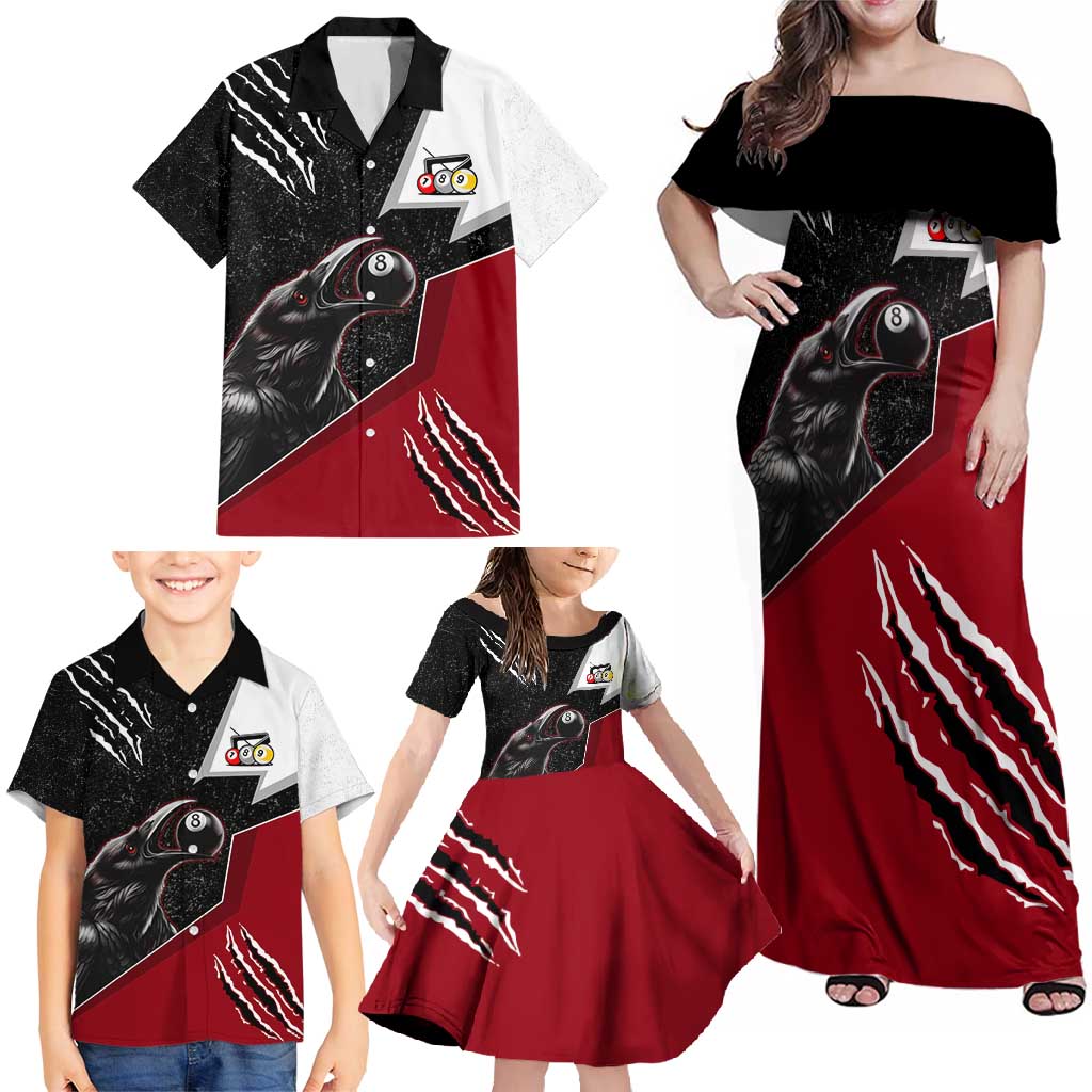 Personalized Raven Billiards Family Matching Off Shoulder Maxi Dress and Hawaiian Shirt with Dark Cemetery Scene and Red Eye Crow Artwork - Wonder Print Shop