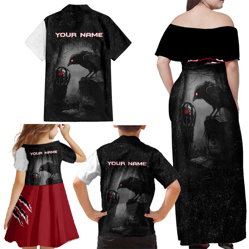 Personalized Raven Billiards Family Matching Off Shoulder Maxi Dress and Hawaiian Shirt with Dark Cemetery Scene and Red Eye Crow Artwork - Wonder Print Shop
