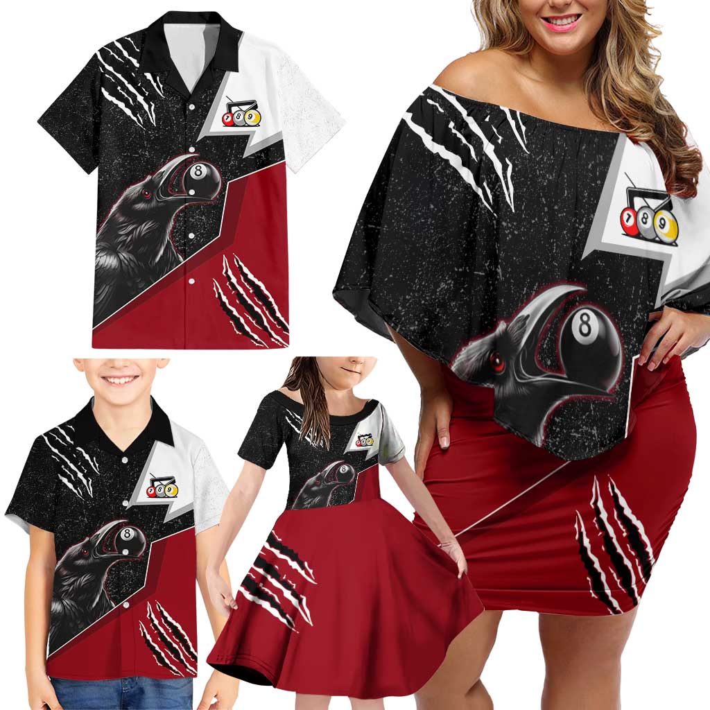 Personalized Raven Billiards Family Matching Off Shoulder Short Dress and Hawaiian Shirt with Dark Cemetery Scene and Red Eye Crow Artwork - Wonder Print Shop
