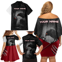 Personalized Raven Billiards Family Matching Off Shoulder Short Dress and Hawaiian Shirt with Dark Cemetery Scene and Red Eye Crow Artwork - Wonder Print Shop