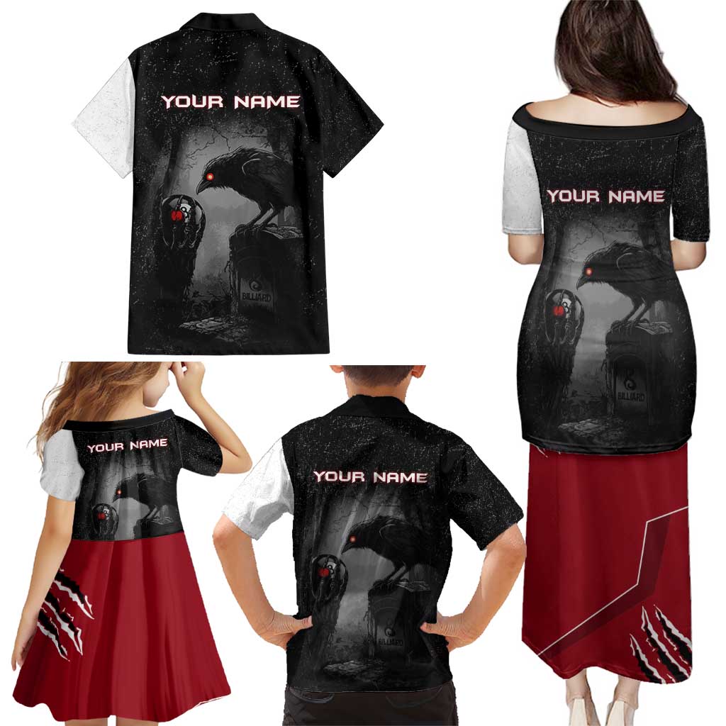 Personalized Raven Billiards Family Matching Puletasi and Hawaiian Shirt with Dark Cemetery Scene and Red Eye Crow Artwork - Wonder Print Shop