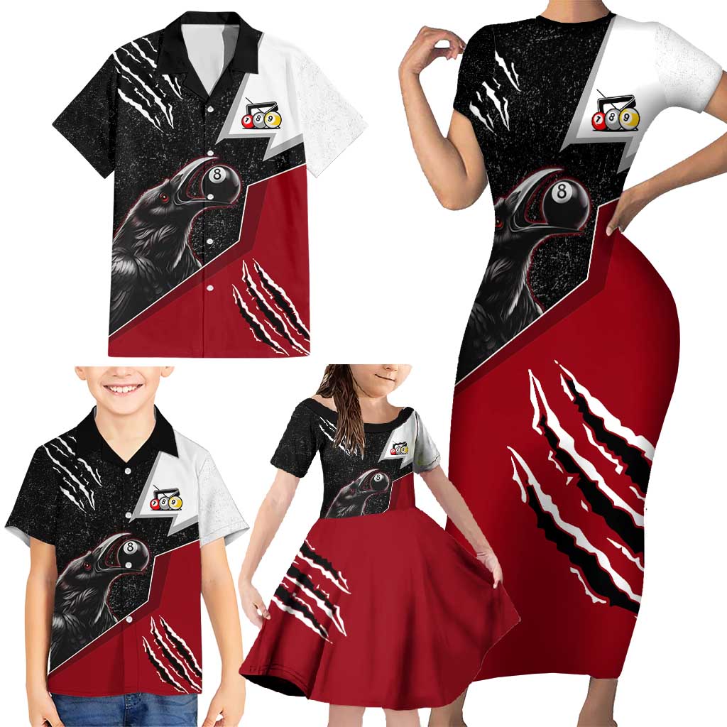 Personalized Raven Billiards Family Matching Short Sleeve Bodycon Dress and Hawaiian Shirt with Dark Cemetery Scene and Red Eye Crow Artwork - Wonder Print Shop