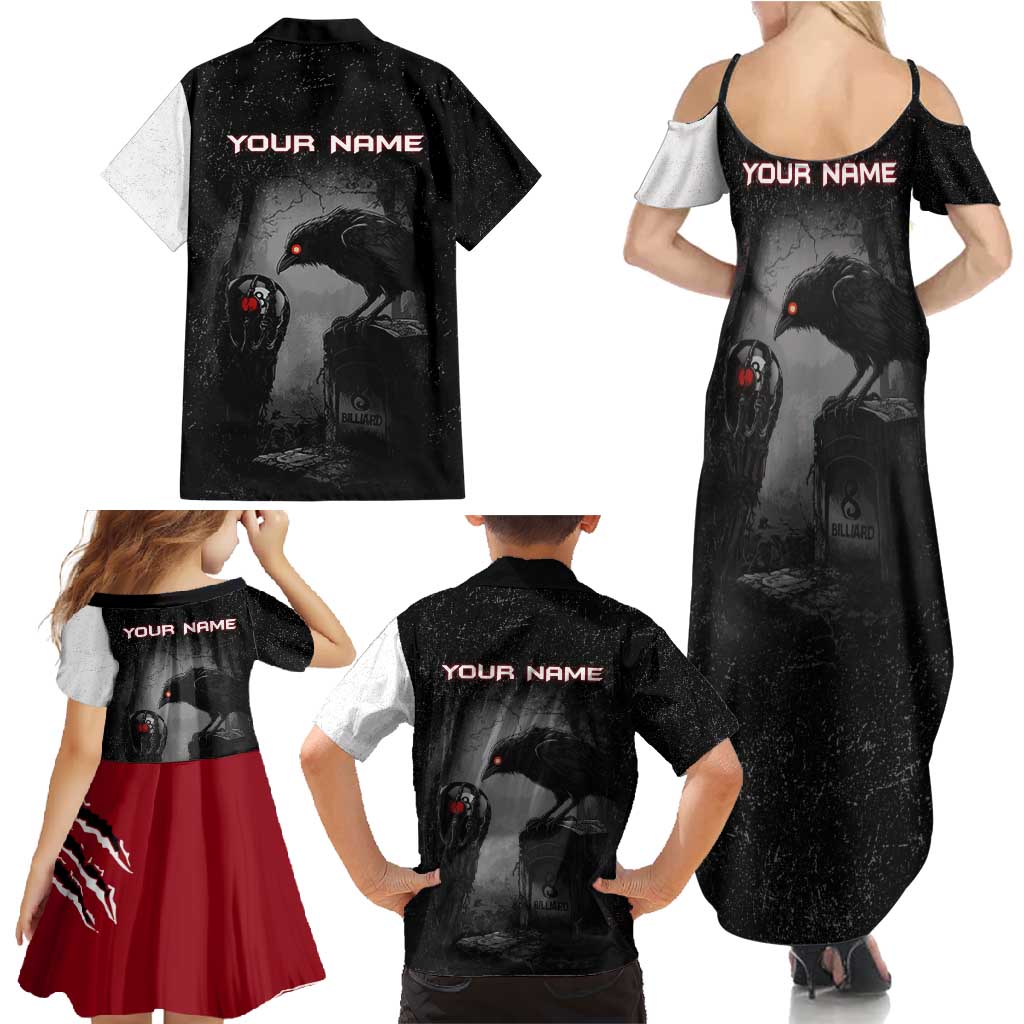 Personalized Raven Billiards Family Matching Summer Maxi Dress and Hawaiian Shirt with Dark Cemetery Scene and Red Eye Crow Artwork - Wonder Print Shop