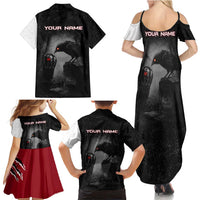 Personalized Raven Billiards Family Matching Summer Maxi Dress and Hawaiian Shirt with Dark Cemetery Scene and Red Eye Crow Artwork - Wonder Print Shop