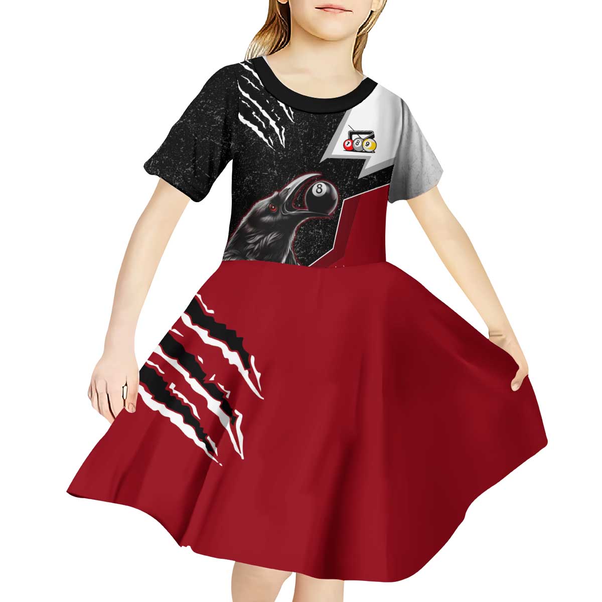 Personalized Raven Billiards Kid Short Sleeve Dress with Dark Cemetery Scene and Red Eye Crow Artwork - Wonder Print Shop