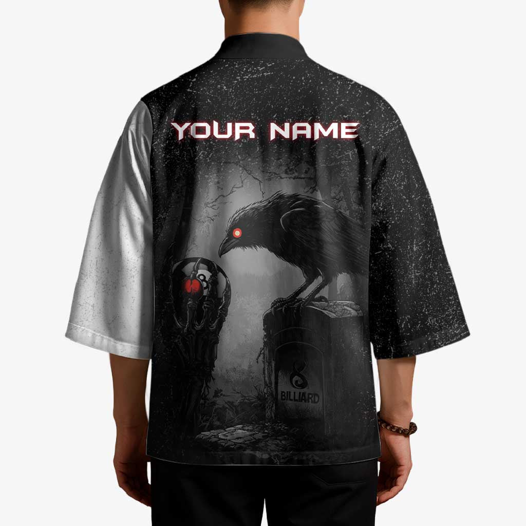 Personalized Raven Billiards Kimono with Dark Cemetery Scene and Red Eye Crow Artwork - Wonder Print Shop