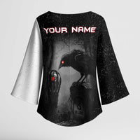 Personalized Raven Billiards Kimono Sleeve Blouse with Dark Cemetery Scene and Red Eye Crow Artwork - Wonder Print Shop