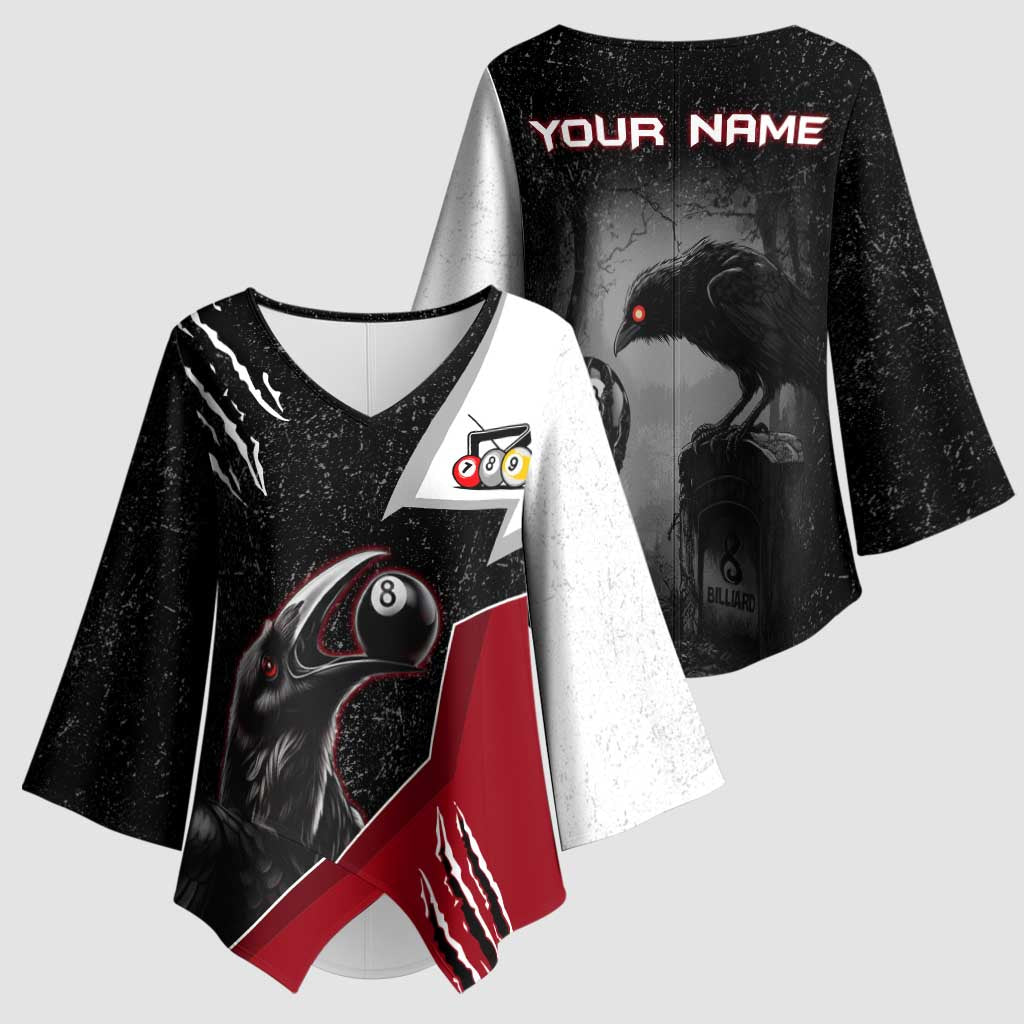 Personalized Raven Billiards Kimono Sleeve Blouse with Dark Cemetery Scene and Red Eye Crow Artwork - Wonder Print Shop