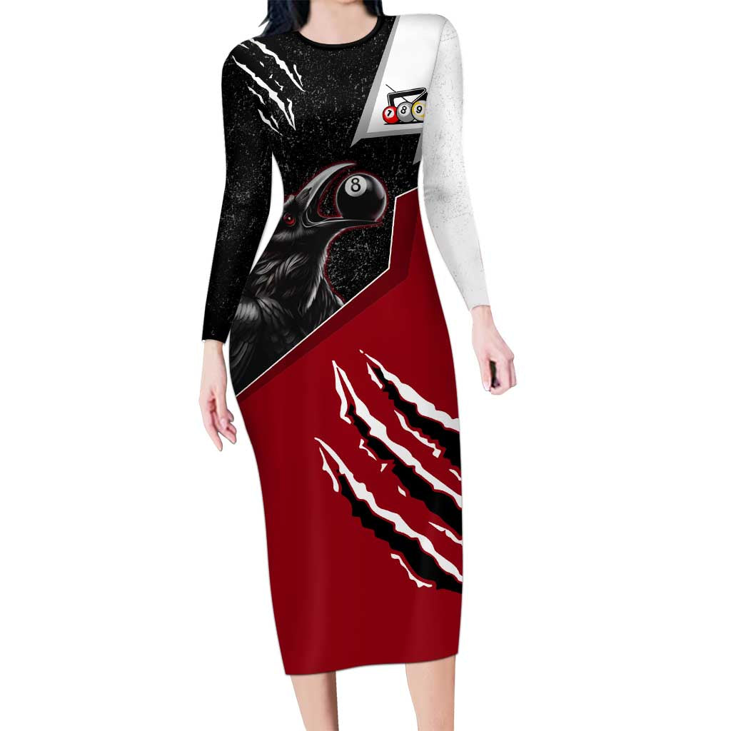 Personalized Raven Billiards Long Sleeve Bodycon Dress with Dark Cemetery Scene and Red Eye Crow Artwork - Wonder Print Shop