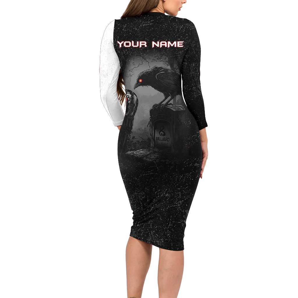 Personalized Raven Billiards Long Sleeve Bodycon Dress with Dark Cemetery Scene and Red Eye Crow Artwork - Wonder Print Shop