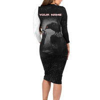 Personalized Raven Billiards Long Sleeve Bodycon Dress with Dark Cemetery Scene and Red Eye Crow Artwork - Wonder Print Shop
