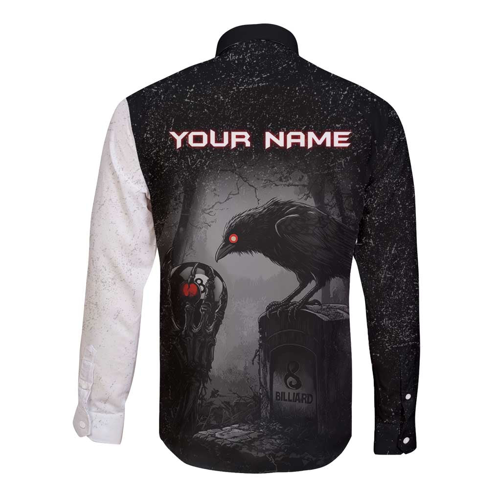 Personalized Raven Billiards Long Sleeve Button Shirt with Dark Cemetery Scene and Red Eye Crow Artwork - Wonder Print Shop