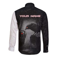 Personalized Raven Billiards Long Sleeve Button Shirt with Dark Cemetery Scene and Red Eye Crow Artwork - Wonder Print Shop