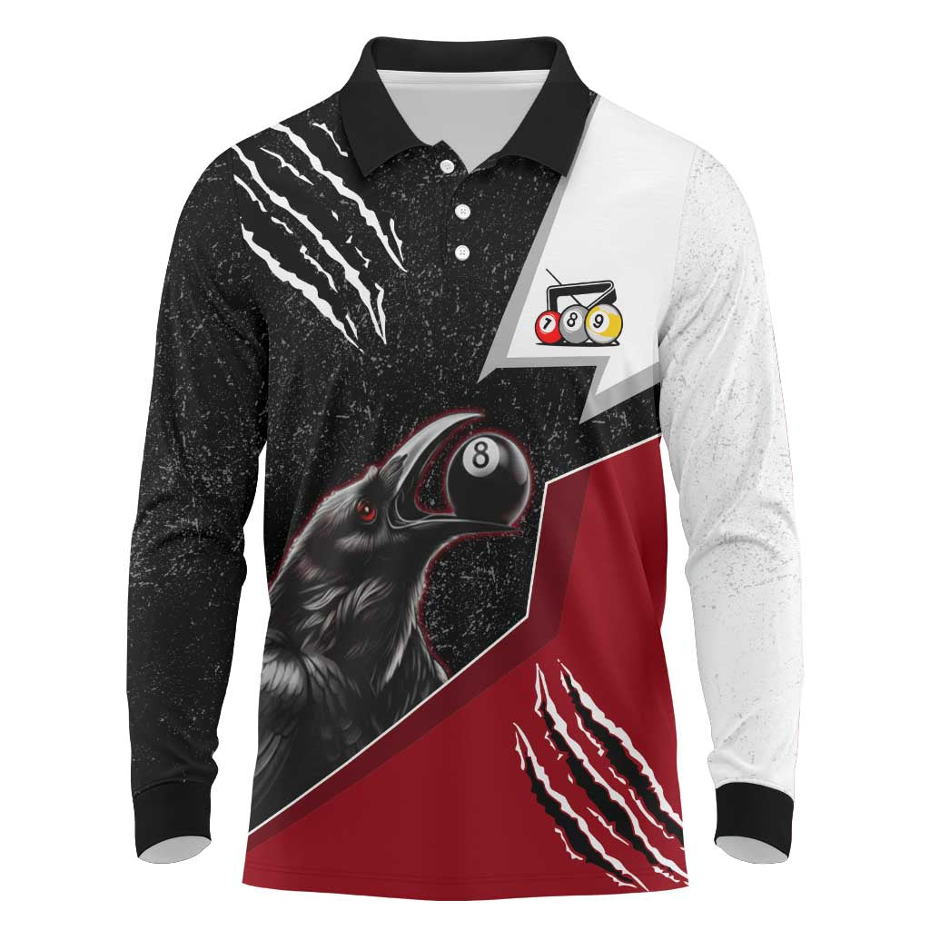Personalized Raven Billiards Long Sleeve Polo Shirt with Dark Cemetery Scene and Red Eye Crow Artwork - Wonder Print Shop