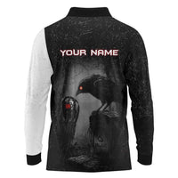 Personalized Raven Billiards Long Sleeve Polo Shirt with Dark Cemetery Scene and Red Eye Crow Artwork - Wonder Print Shop
