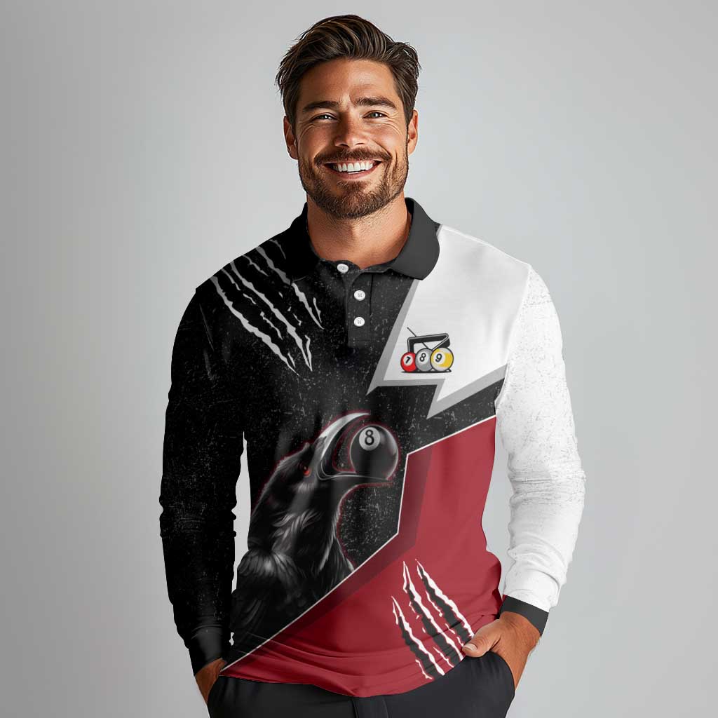 Personalized Raven Billiards Long Sleeve Polo Shirt with Dark Cemetery Scene and Red Eye Crow Artwork - Wonder Print Shop