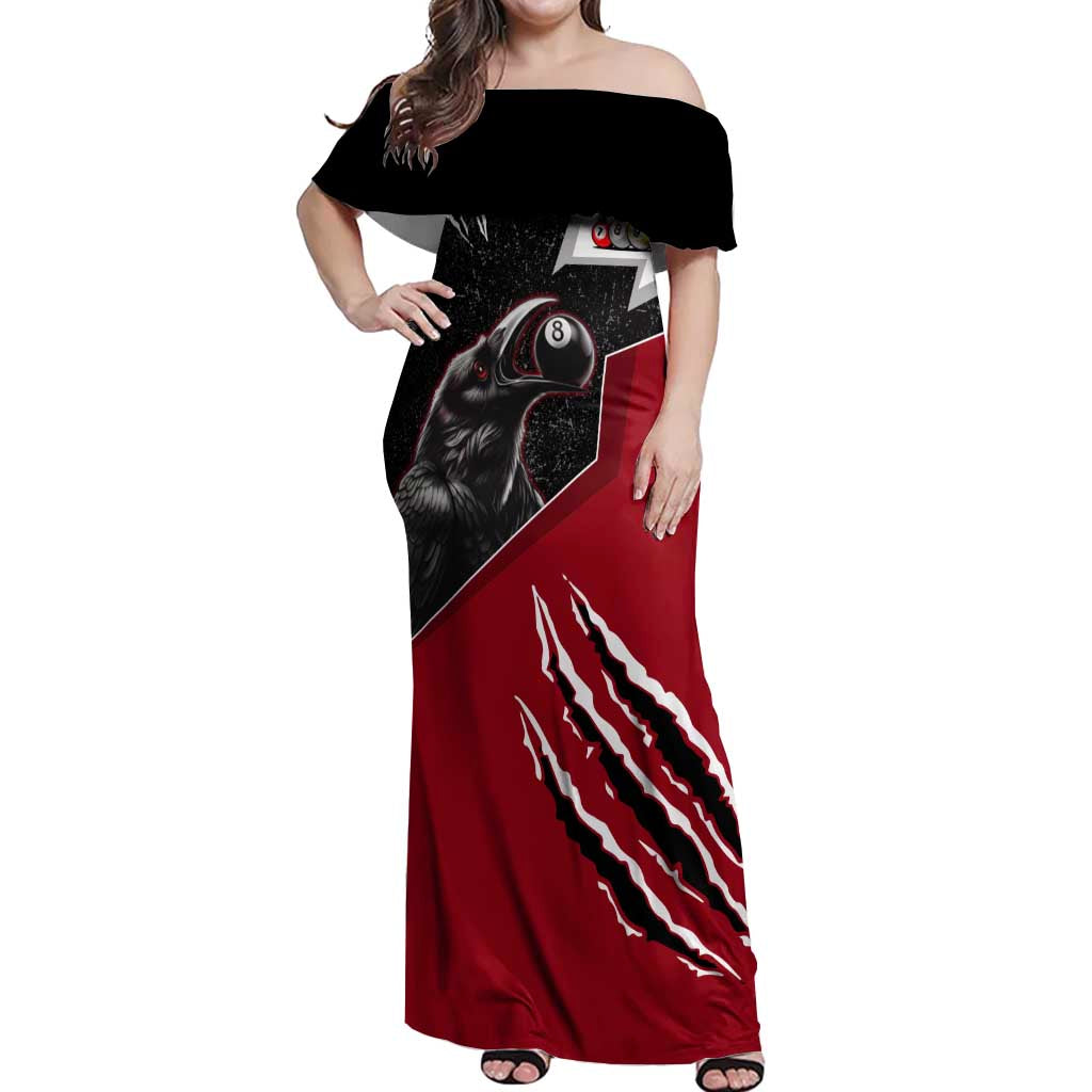 Personalized Raven Billiards Off Shoulder Maxi Dress with Dark Cemetery Scene and Red Eye Crow Artwork - Wonder Print Shop