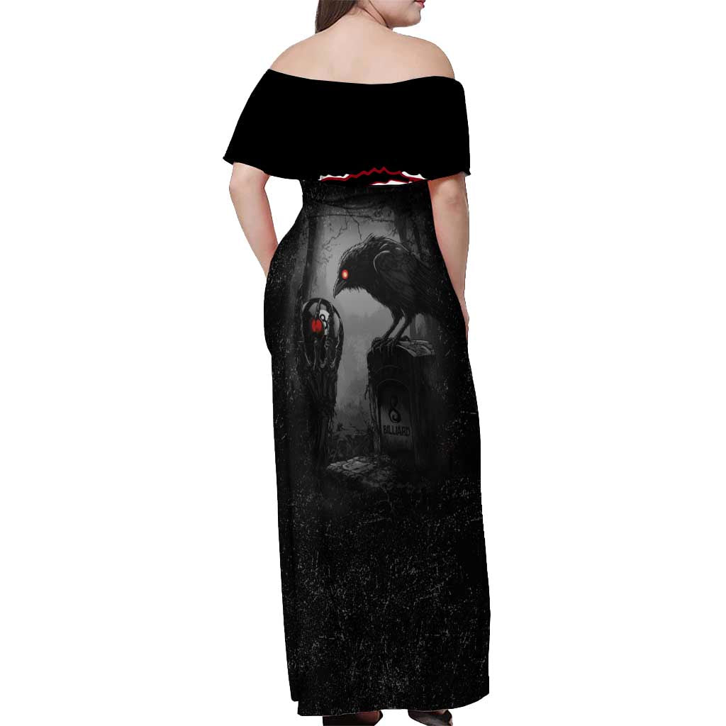 Personalized Raven Billiards Off Shoulder Maxi Dress with Dark Cemetery Scene and Red Eye Crow Artwork - Wonder Print Shop